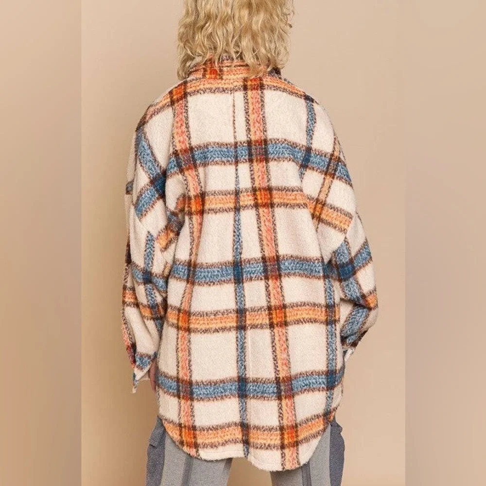 Cream Plaid Shacket Jacket Oversized Relaxed Fit - Picture 8 of 12
